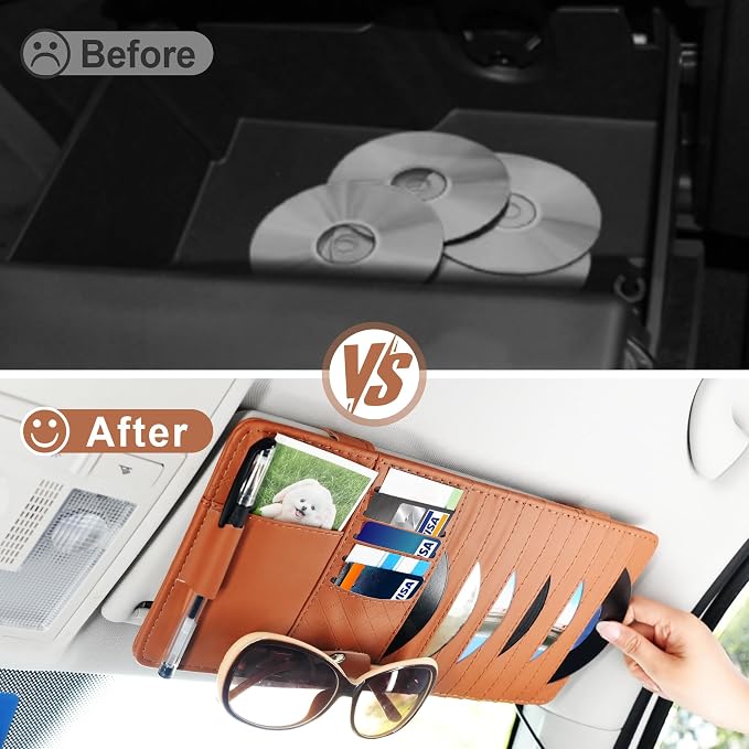 alpmosn Sun Visor CD Case Holder for Car - Multi-Function Visor Organizer with CD/DVD Storage, Eyeglass Clip, Card Slots & Pen Holder, Durable Leather Car Accessories (Orange)