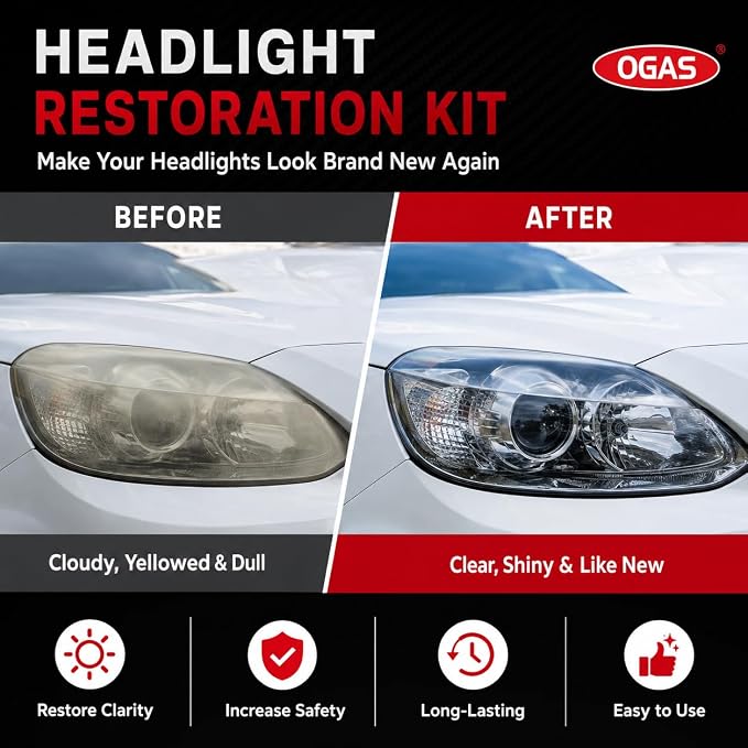 Headlight Restoration Kit, Headlight Cleaner & UV Protectant | Microfiber Towel & Applicator Sponge Included, For Cars Trucks SUVs Motorcycles, Scratch-Free Lens Care