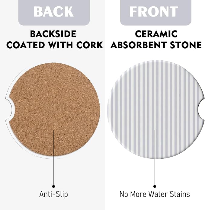 2 Pack Car Coasters for Cup Holders, Absorbent Ceramic Cup Coaster with Cork Base and Finger Notch, Cute Car Accessories Interior for Women Men (Gray Stripes)