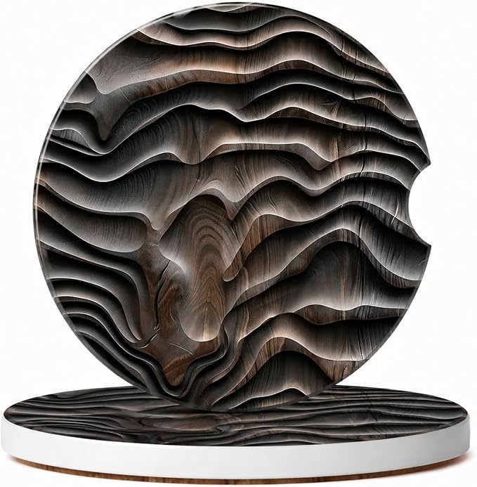 2Pack Car Cup Holder Coasters Absorbent Ceramic Coaster 2.56" for Women & Men Cute Car Accessories Wood Grain Black Gray
