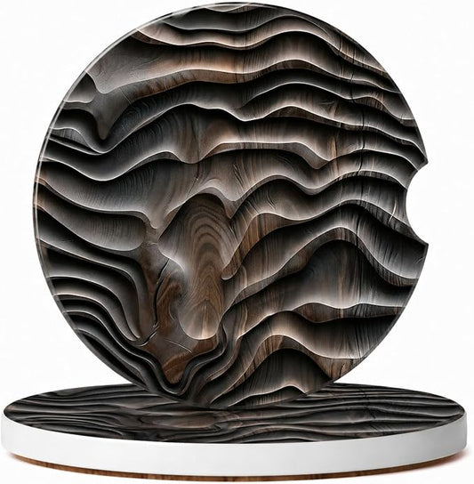 2Pack Car Cup Holder Coasters Absorbent Ceramic Coaster 2.56" for Women & Men Cute Car Accessories Wood Grain Black Gray
