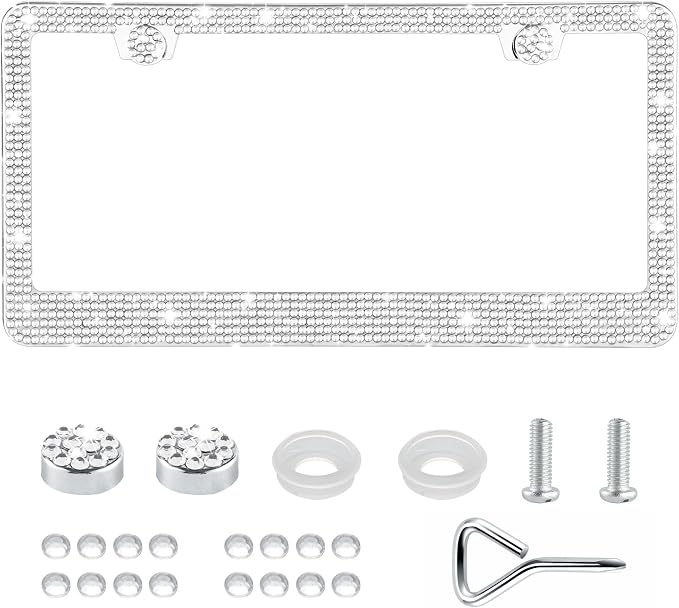 GaRhomxy Bling License Plate Frames for Women, 1 Pack Handcrafted Sparkly Rhinestone Car Accessories, Premium Stainless Steel Frame with 1000+ Faceted Glass Crystals & Free Glitter Caps (White)