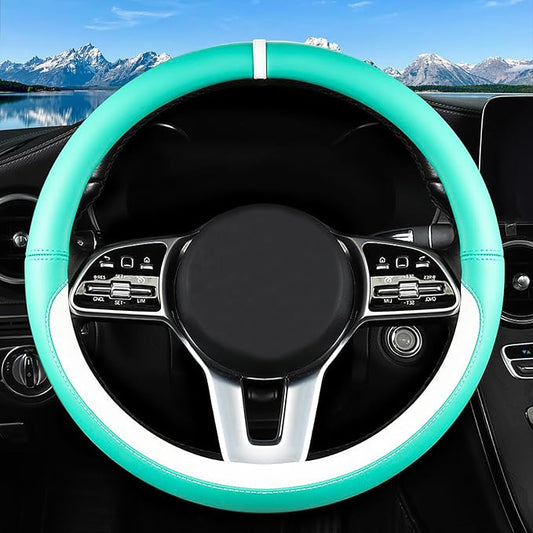 Car Leather Steering Wheel Cover - Panapi Material, Universal 14.5-15 Inch Leather Anti-Slip Breathable Auto Steering Wheel Covers for Men Women (Nappa Leather - Blue & White)