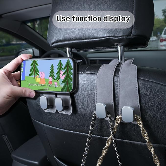 Coozyland Car Hooks, Coozy Land Metal Multi-Function Leather Car Headrest Hooks, Universal Double Hook Car Seat Back Storage Hooks for Wallets, Handbags, Bottles, Trash Bags, etc (Brown 2-Pack)
