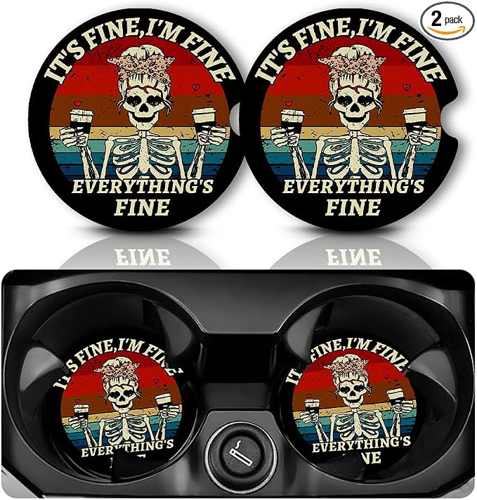 Yonlevres Car Coasters for Cup Holders，2.75" Anti Slip Rubber Mat with A Finger Notch, 2 Pack Car Cup Holder Coasters for Car Interior Accessories for Women Men Skeleton Skull