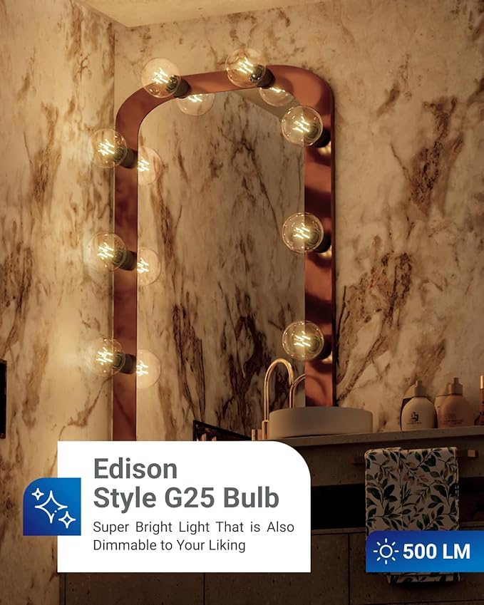 10 Pack G25 LED Light Bulbs, Filament Edison Globe, Vanity Lighting Bulb for Bathroom Bedroom, 500 LM, 5W (60W Equivalent), 3000K Warm White, Dimmable, E26 Base, Clear UL