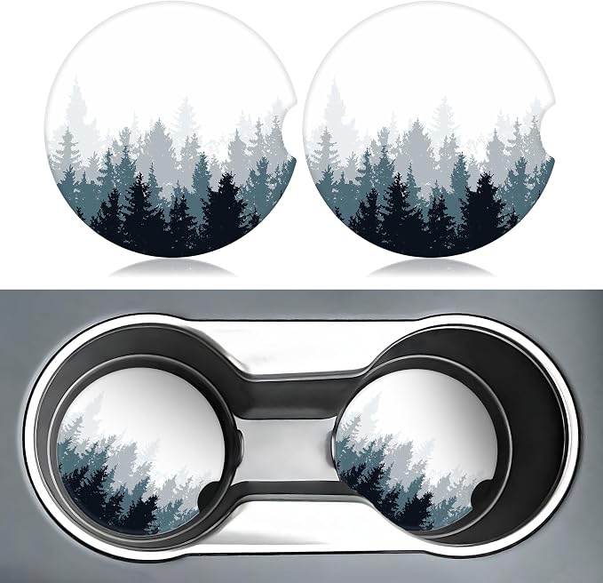 Forest Car Coasters for Cup Holders,2 Pack Car Cup Holder Coasters for Car,Ceramic Absorbent Car Coaster with A Finger Notch and Cork Base,Car Interior Accessories for Women Men