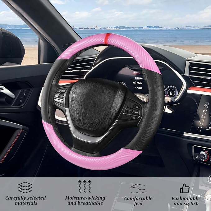 Carbon Fiber Car Steering Wheel Cover, Leather Breathable Automotive Wheel Protector, 15 Inch Anti-Slip Vehicle Interior Steering Accessories, Universal for SUV Truck Sedan (Pink)