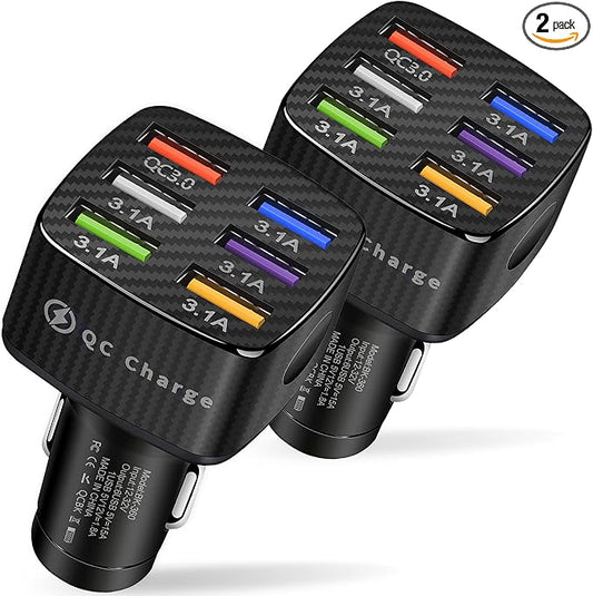 Amiss Car Charger Adapter, 6 USB Multi Port, Fast Charger, Include QC 3.0 and 5 Other Ports, Car Interior Accessories, Fit for iPhone 17/16/15/14/13Pro Max, Samsung, Android (Black 2pcs)