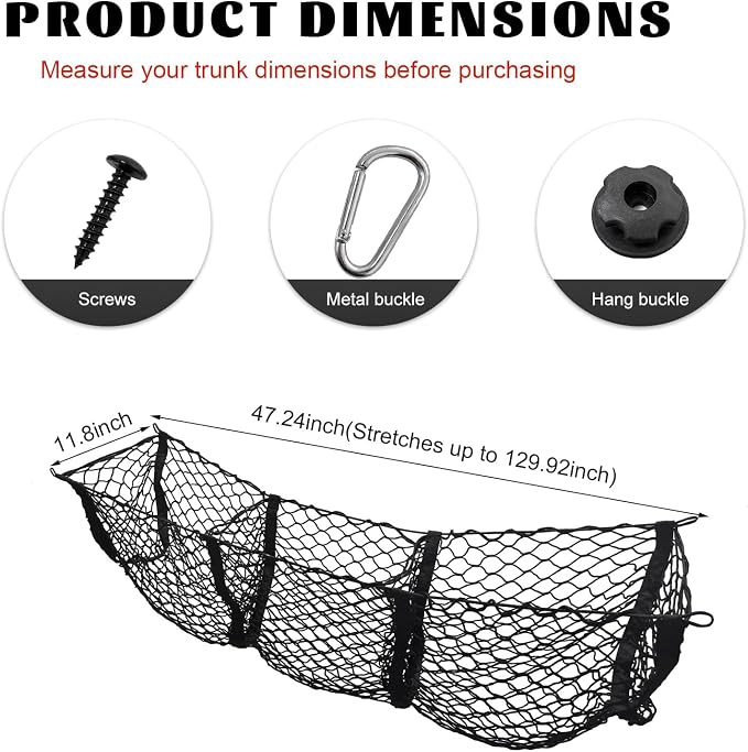 Trunk Cargo Net, Stretchable 3 Pockets Mesh Storage Organizer with Metal Hooks, Heavy Duty Netting Cargo Organizer Holder for Sedan SUV Pickup Truck, Car Accessories (11.8×47.2 inches)