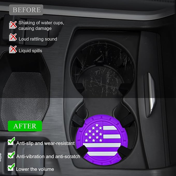 4 PCS Car Cup Holder Coasters, 2.75 Inch Universal Non-Slip American Flag Insert Coaster for Auto Cup Holders, Shockproof Car Drink Mat for Men Women, Vehicle Interior Decor (Purple)
