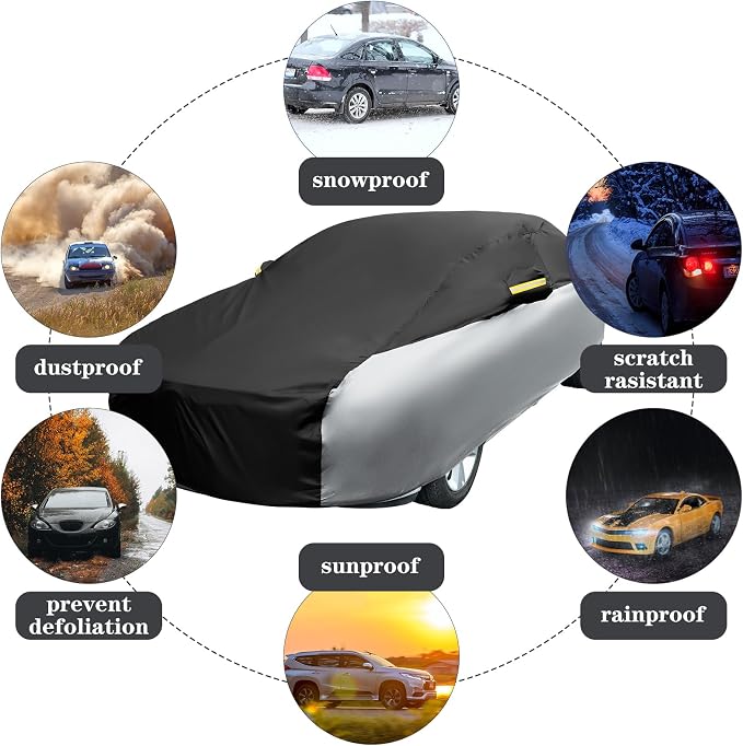 Riakrum Full Car Cover Waterproof All Weather for Automobiles Windproof Cover Rain UV Protection Sun Scratch Resistant Outdoor Universal(Fit Sedan Length (185-193'') 70'' H,Black, Silver)