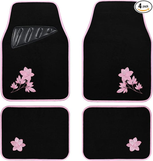 August Auto Universal Fit Flower 4PC Carpet Car Floor Mats with Heelpad Fit for Sedan, SUVs, Truck, Vans