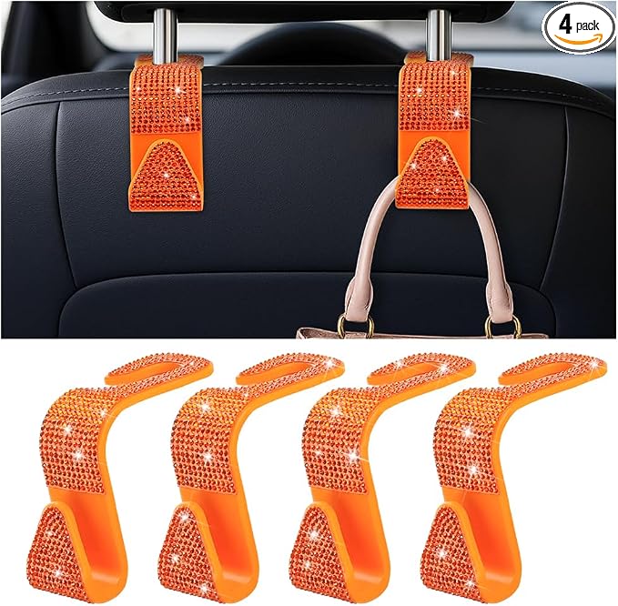 Zpana 4PCS Bling Car Seat Headrest Hooks, Vehicle Back Seat Purse Handbag Hanging Holder with Crystal Rhinestone, Diamond Storage Organizer Hook, Universal Automotive Accessories (Orange)