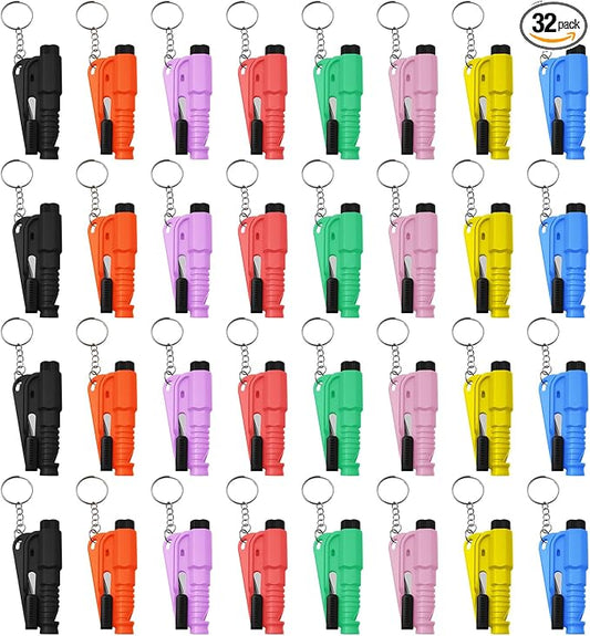 32 Pcs Car Window Breaker Key Chains, 3 in 1 Glass Breaker Seat Belt Cutter Survival Whistle, Portable Safety Emergency Escape Tools, Multifunctional Car Accessories for All Vehiclesains