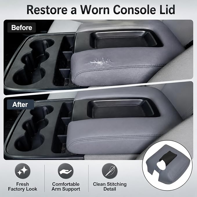 SecosAutoparts 2014-2018 Center Console Armrest Cover Lid for Chevy Silverado & GMC Sierra 1500 2500 3500 - Dark Gray Leather Replacement Cover, Jump Seat 40/20/40 Split Bench, Microfiber Leather