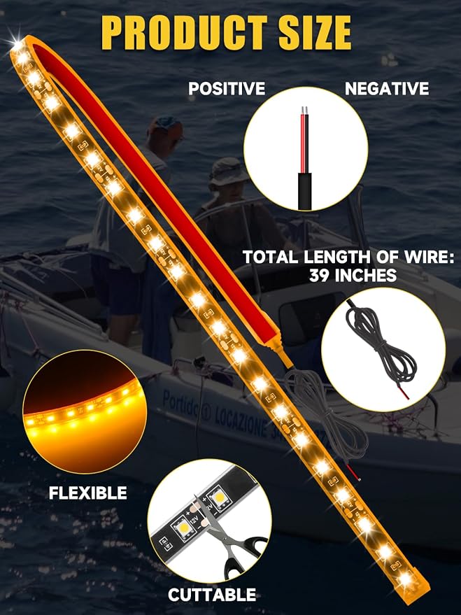 Car LED Strip Lights IP68 Waterproof Cuttable 24inch Yellow 4Pcs | 12V Footwell & Underbody Lights, 5050 SMD Beads, Interior & Exterior Light, Fits SUVs, Trucks, Motorcycles, Boats, Golf Carts