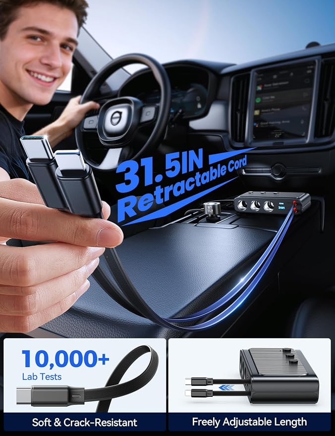 227W 9 in 1 Cigarette Lighter Splitter, PD36W *2 & QC3.0 Fast Car Charger | Retractable USB C Fast Charger, 12V/24V Car Charger, 31.5IN Retractable Cords & 39.6IN Extension Cord, LED Voltage Display