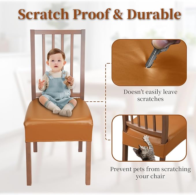 Leather Seat Covers for Dining Room Chairs Set of 4, Waterproof Kitchen Chair Seat Protector Slipcovers Made of 4-Way High Stretch PU Leather and Rear Covers Design (Orange 4 Pcs)