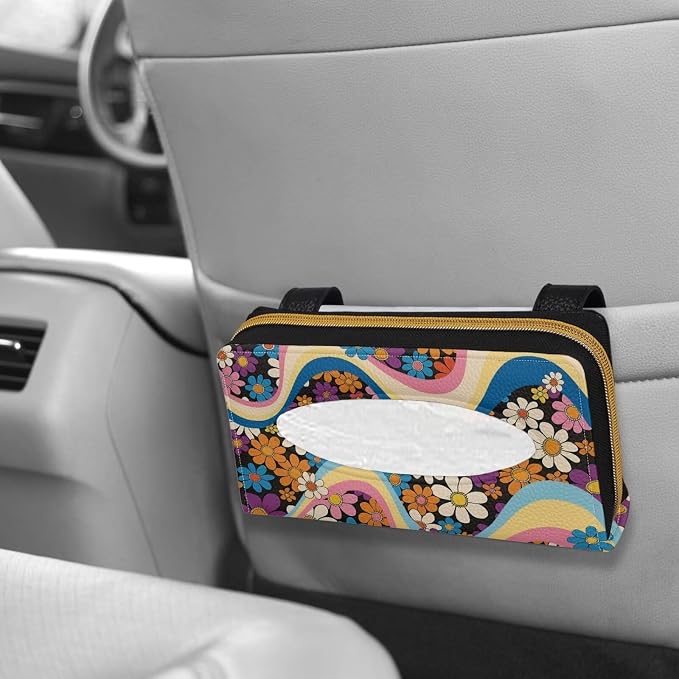 Colorful Hippie Flower PU Leather Car Napkin Holder Car Tissue Holder for Car Leather Backseat Tissue Case Holder for Car,Vehicle