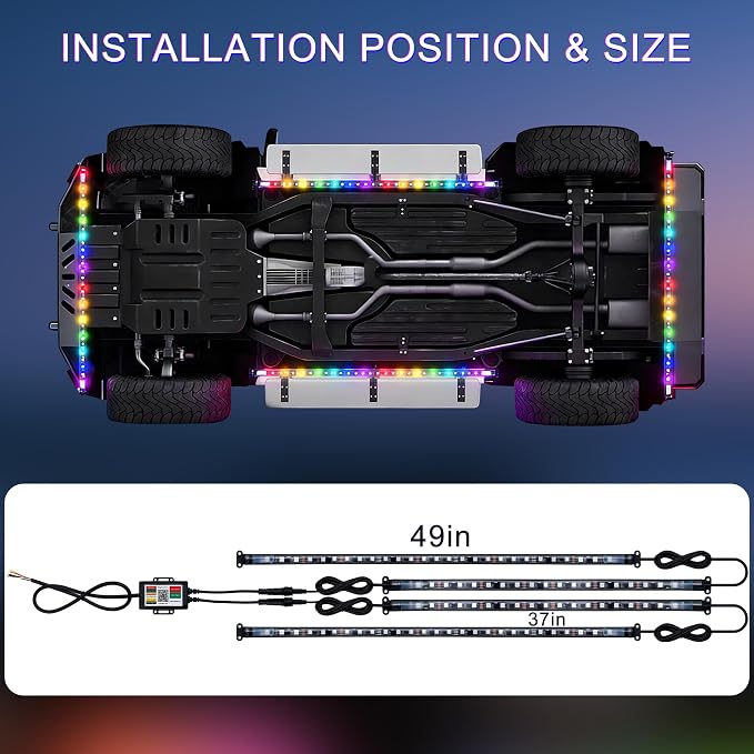 Underglow Light Strip RGB - 4PCS Car Neon Lights Kit with 252 LEDs, Dream Color Chasing Strip Lights，Music Sync, Waterproof PVC Underbody Light Strips with APP，Remote Control for Cars Trucks SUVs