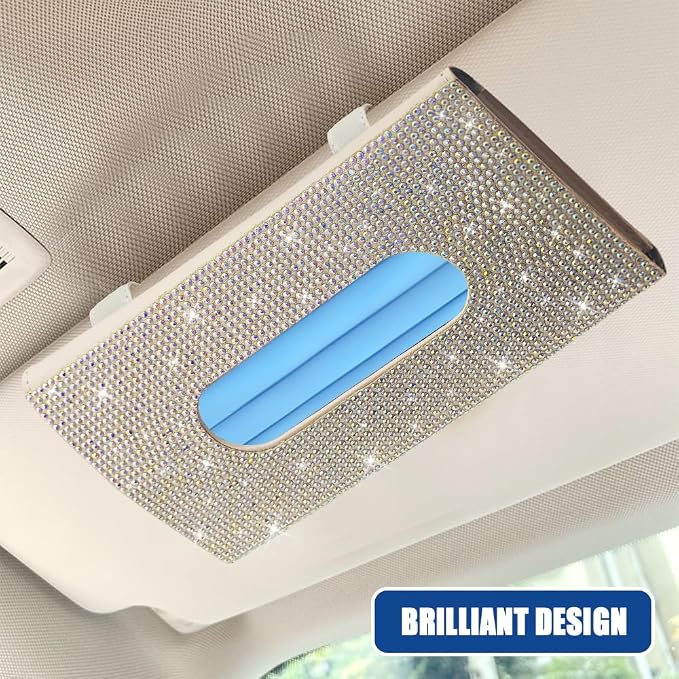 Bling Car Sun Visor Tissue Box Holder, Visor Accessories, Rhinestone PU Leather Crystal Sparkling Napkin Holder, Auto Sun Visor Paper Towel Cover Case Accessories for Most Cars (Beige+Colorful)