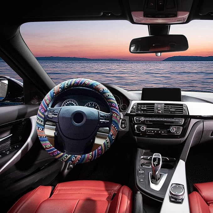 Valleycomfy Boho Steering Wheel Covers for Women Cloth Bohemian Universal | 15 inch Baja Blanket Enthic