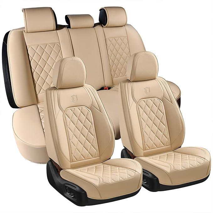 Coverado Car Seat Covers Full Set, 5 Seat Universal Seat Cover for Cars, Luxury Faux Leather Waterproof Seat Covers, Front and Back Car Seat Protector, Auto Seat Covers Fit for Most Vehicles, Beige