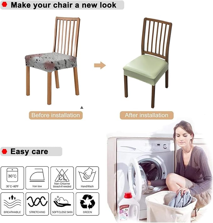 NILUOH Waterproof Seat Covers for Dining Room Chairs Set of 6, Pu Leather Chair Seat Slipcovers Dining Chair Cover Removable Washable Chair Protctor Cover, Rear Covers (PU-Light Green)