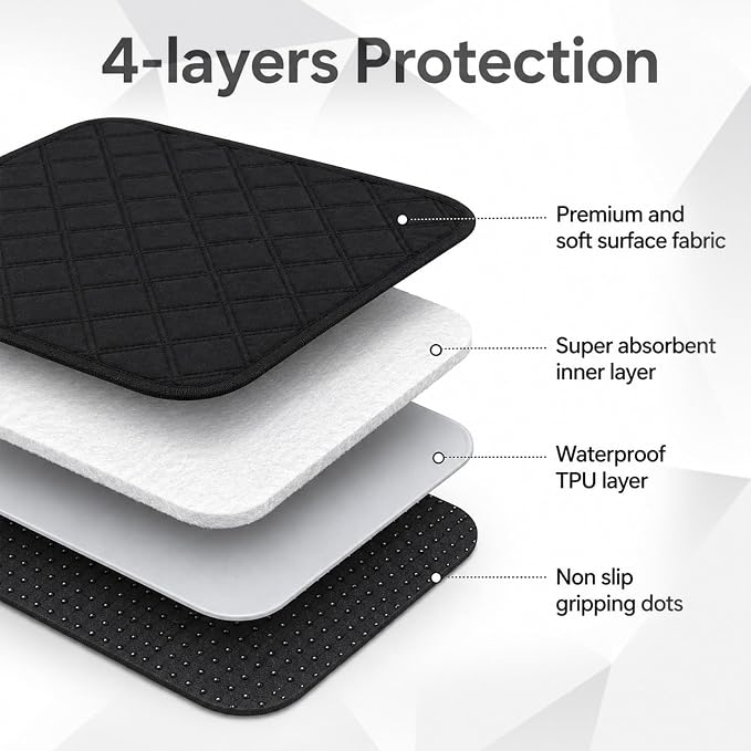 4 Pack Waterproof Chair Pads for Incontinence, 18" x 16" Reusable | Seat Protector Pads, Black Washable Seat Cover Non-Slip Absorbent Pee Cover for Incontinence Bed Wheelchair Adults