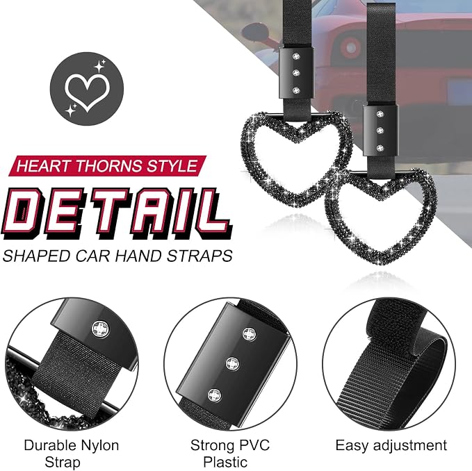 Fabbay Bling Car Accessories Bling Heart Handle Ring Car Accessory for Women Hand Strap Drift Charm Rear Bumper Warning Ring Decor for Auto Bus Interior Exterior Decoration (Black, Heart Style)