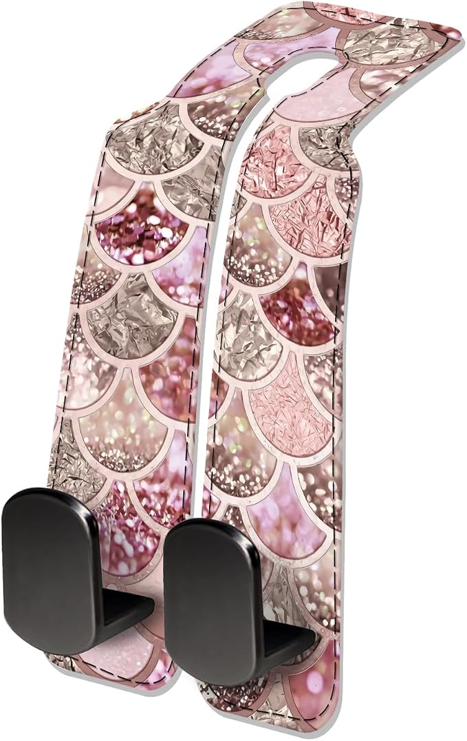 Car Seat Headrest Hook, Universal Leather Cute Hanger Holder Hook, Storage Organizer Interior Accessories for Purse Bags Handbag Glitter Colorful Shells