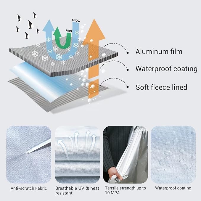 Tecoom Car Cover Waterproof All Weather, 3 Layers Car Covers for Automobiles, Fleece Lining with Zipper Door Lock Full Exterior Covers, Wind Rain Snow Sun Hail Protection Fit for Sedan (191-200 Inch)