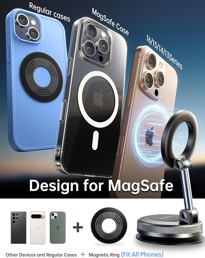 Coolpow【Newest Vacuum Magnetic Phone Holder for Car Phone Holder Mount【Movable Vacuum Suction】 Magsafe Car Mount Cell Phone Holders for Your Car Accessories for Women Men for iPhone 17 16 -Black