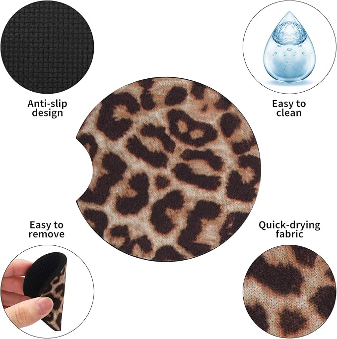 tifanso 2PCS Leopard Non-Slip Car Cup Holder Coasters for Women | Universal Fit for Standard Cup Holders, Easy to Clean & Remove, Adorable Floral Decor, Ideal Gift for Girls & Car Lovers