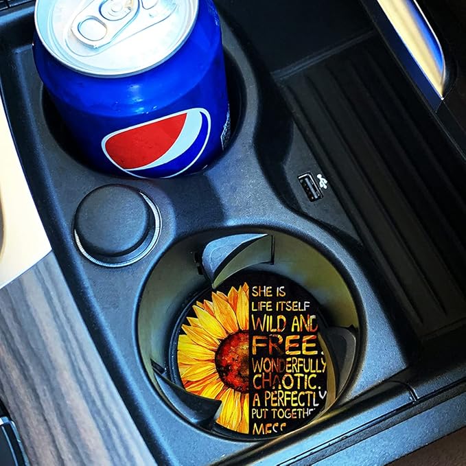 Car Coasters for Women 2 Pack, Ceramic Absorbent Cup Holders for Mother's Day, Keep The Car Clean and Dry, Auto Small 2.56" Coasters Set for Mum (Half Sunflower)