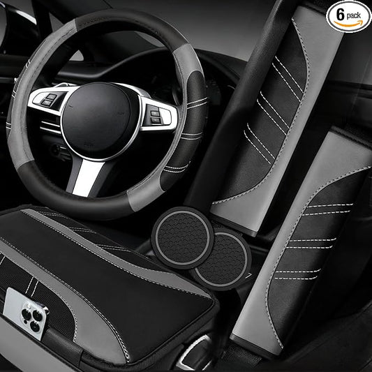 NBTEPEM 6 Pcs Grey Car Accessories Set, Sport Leather Steering Wheel Cover 14.5-15inch Universal, Microfiber Leather Car Center Console Cover, Seat Belt Cushion, Cup Holder Coaster (Black-Grey)