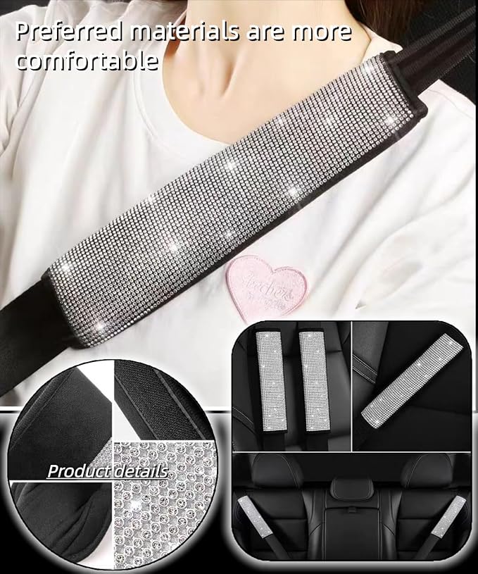 11 pcs Bling Car Accessories Set for Women, Steering Wheel Cover, Sparkly Seat Belt Covers, Daisy Vent Clips, Bling Shift Cover, Universal Fit Most Cars (White Diamond)