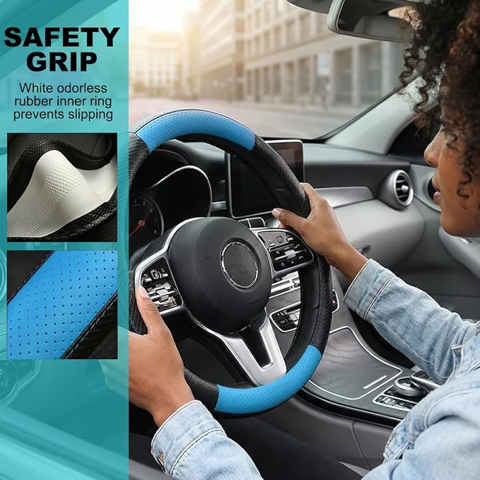 Car Steering Wheel Cover, Breathable Carbon Fiber Vehicle Steering Wheel Protector with Anti-Slip Lining, Automotive Interior Accessories, Universal for SUV RV Truck (Black Blue)