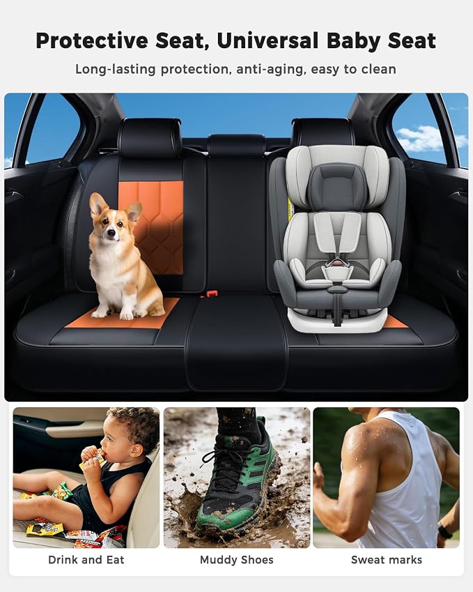 Huidasource Car Seat Covers, Universal Fit for Cars SUV Truck, Black&Orange | Full Coverage Leather Seat Cover, Airbag, Cupholder Compatible, Seat Function Retain, Easy Install with Velcro