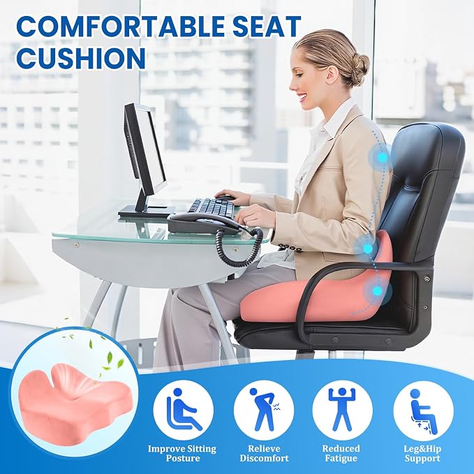 CushZone Seat Cushion, Memory Foam Office Chair Seat Cushion for Office Chairs/Car/Long Trip/Desk Chair/Gaming, Large Size for Sciatica & Hip & Tailbone Pain Relief, Sciatica Support (Pink)