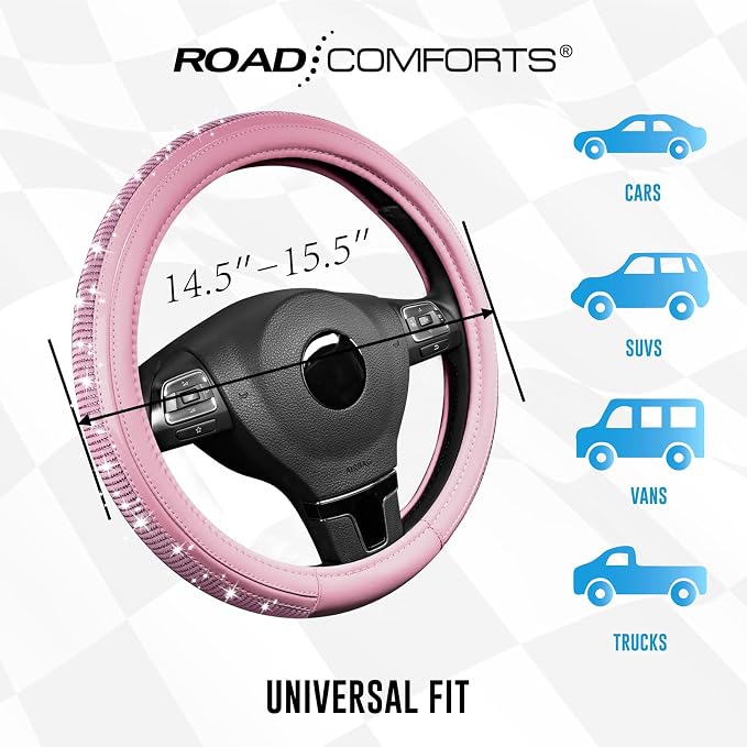 Road Comforts Bling Steering Wheel Cover – Pink Diamond Design, Universal Fit 14.5-15 Inch, Microfiber Leather, Anti-Slip & Breathable Design for Men and Women