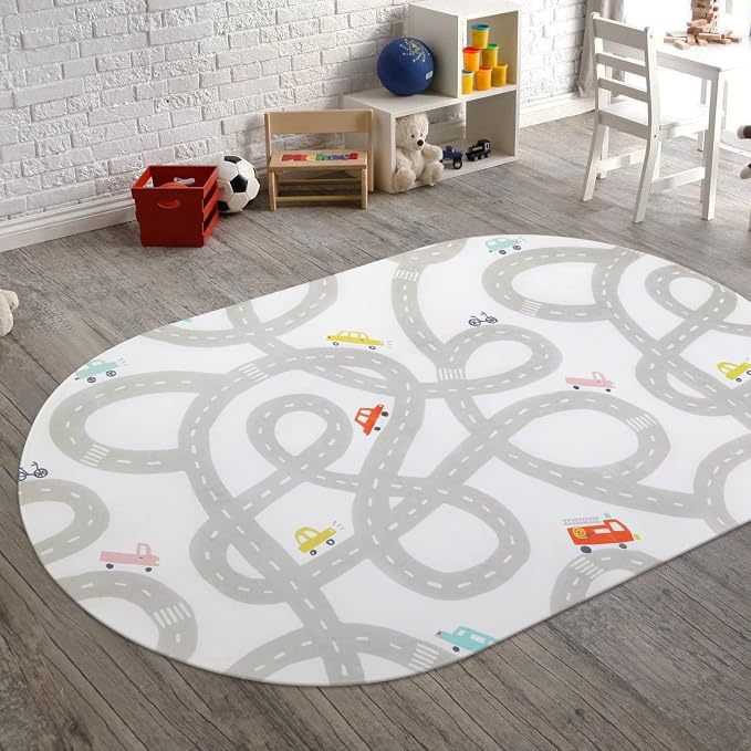 STARUIA Kids Car Rug for Playroom, 4x6 Washable Car Carpet for Kids Room, Non-Slip Car Rugs Play Mat for Kids Have Fun Safely, Road Play Rug for Boys Room Bedroom (Grey)