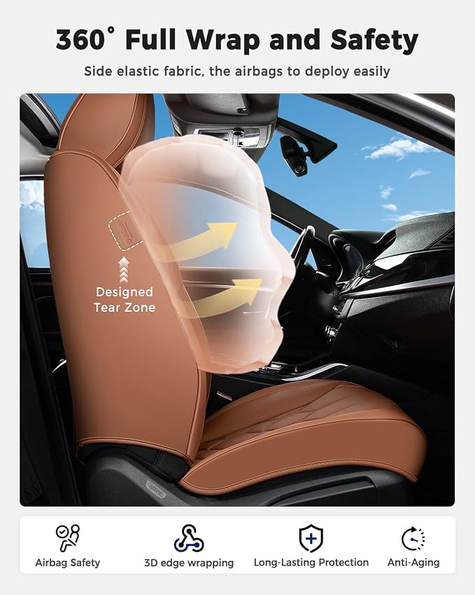 Huidasource Seat Covers Full Set, Universal Fit for Cars SUVs Trucks, Brown | Full Coverage Leather Car Seat Cover, Airbag, Cupholder Compatible, Seat Function Retain, Velcro Adjustable