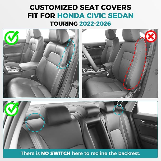 Seat Covers for Honda Civic Sedan 2022-2024 Touring &2025 2026 Hybrid Sport Touring, Faux leather Black Grey Leather Car Seats Cover Full Set for car - Rear Row 60/40 Split Bench - Black Grey