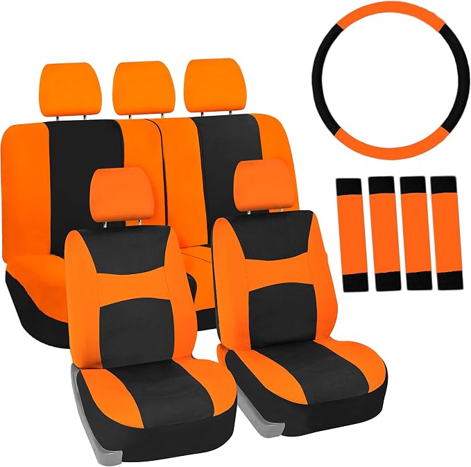 FH Group Full Set Cloth Car Seat Covers , Universal Fit combo, Low Back Front Seat Covers, Airbag Compatible, Split Bench Rear Seat, Washable Seat Cover for SUV,Sedan,Van Orange