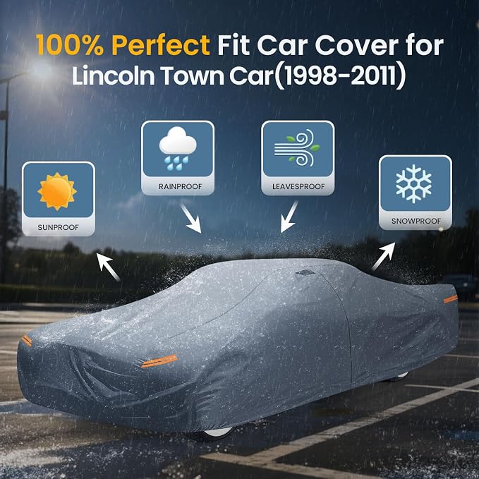 Waterproof Lincoln Town Long Car(1998-2011) Car Cover with Breathable Vents, [Upgrade] Premium Covers with Cotton Liner and Zipper Door