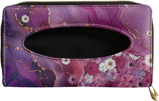 Purple Marble Flower Automotive PU Leather Backseat Tissue Case Holder Universal Car Visor Tissue Holder for SUV Sedans Vans