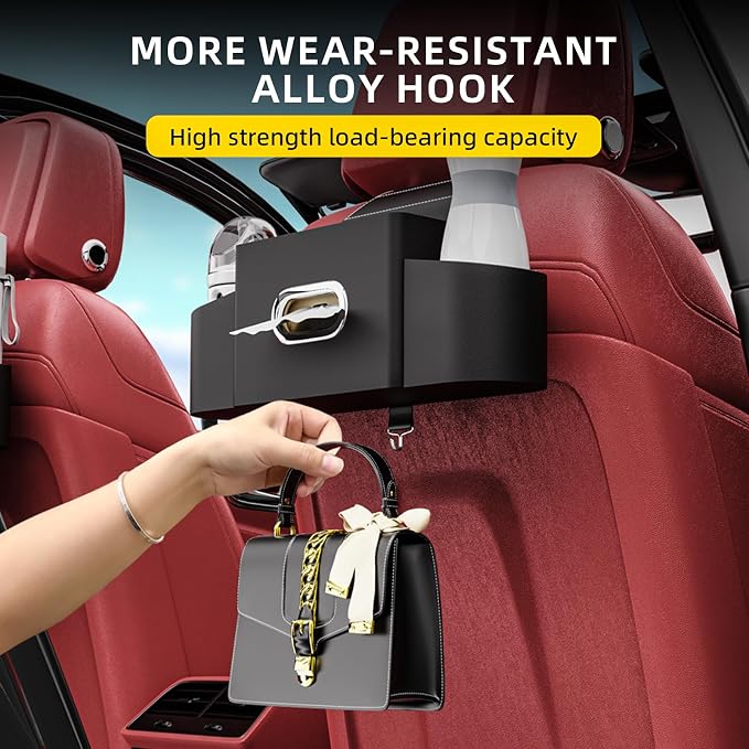 Back Seat Car Organizer with One Towel Leather Wood Materials (Black) | Tissue Box, 2 Drink Cup Holder, Phone Holder, Hook, Compatible with Most Vehicles