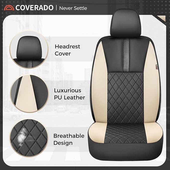 Coverado Car Seat Covers Front Pair, Automotive Leather Seat Covers for Car，Universal Fit Front Back Seat Cover, Non-Slip Waterproof Breathable Car Seat Protector